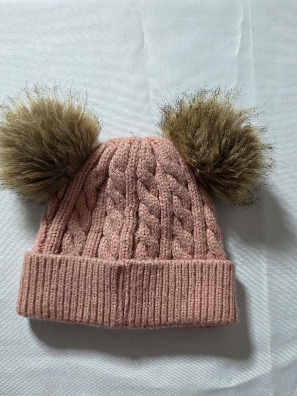 Pink Cable-Knit Double Pom Pom Kids Beanie